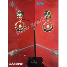 Three stone temple jewellery, Ear Rings  with Half Moon hangings with red kempstones.