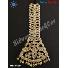 Traditional Pathakam Head Single set with and white stones with pearl hangings,also called as chutti on forehead for bridal and bharathanatyam