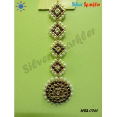 Sun and square piece with Red kempstones, White stones in middle and pearl hangings, also called as chutti on forehead for bridal and bharathanatyam jewellery.