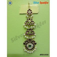 Small  Tika with Red kempstones,white and Green stones in middle and pearl hangings, also called as chutti on forehead for bridal and bharathanatyam jewellery.