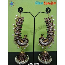 Traditional Temple jewellery,Five line   stone  Jhumkas with Peacock with mango Ear rings.