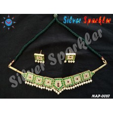 Double square Temple Jewellery, necklace with Green and white stones with pearl hangings.