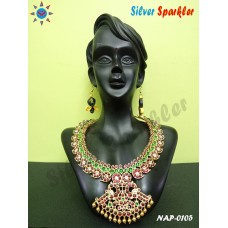 Traditional Temple jewellery,Big Mango necklace with twin Parrot pendant and pearl hangings.