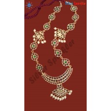Trendy Temple jewellery Crescent with Tika pendant pear shaped malai with tika in middle and pearl hangings.