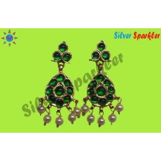 Green stone temple jewellery, twin mango Ear rings with pear shaped hangings along with pearl hangings