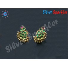Beautiful Temple jewellery,Traditional Mango Ear Rings with Green and pink stones attached with golden pearls.