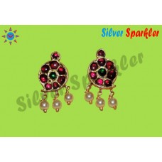 Simple Temple jewellery, Traditional mango Ear rings with Red kempstones and green stone in middle with pearl hangings..