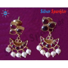 Tiny  Temple Jewellery,Traditional Three stone and chandra Ear Rings with Red kempstones and pearl hangings.