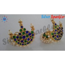 Traditional Temple jewellery, Single line stone (Green) Jhumkas  with Chandrakalai Ear rings with Blue and Green stones. 