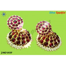 Traditional Temple jewellery,Three line stone (Red) Umbrella type Jhumkas with Ear rings .