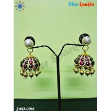 0ne pair Traditional Three stone Jhumkas  with silver ball single hangings without Ear rings.Ear Hangings also called as Jhumkas