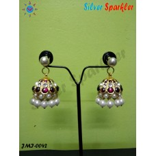 0ne pair Traditional Three stone Jhumkas  with white ball double hangings without Ear rings.Ear Hangings also called as Jhumkas
